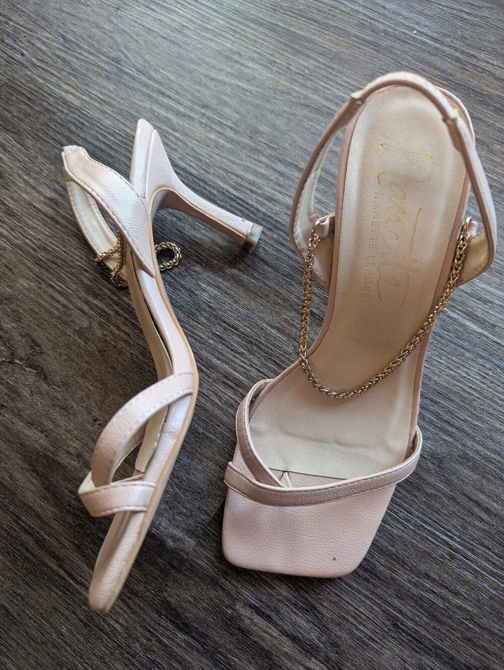 Nanette Lepore Nude Square Toe Chain Strap Heeled Sandals Size 6